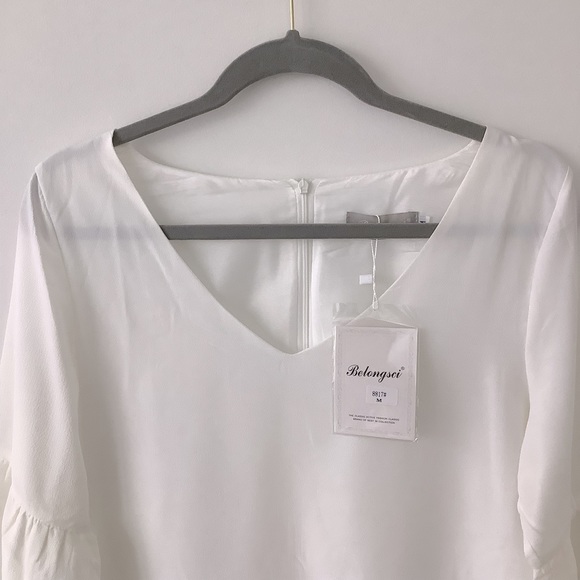 NWT BELONGSCI women’s white mini dress v-neck bell sleeve shift dress size M - Picture 4 of 8